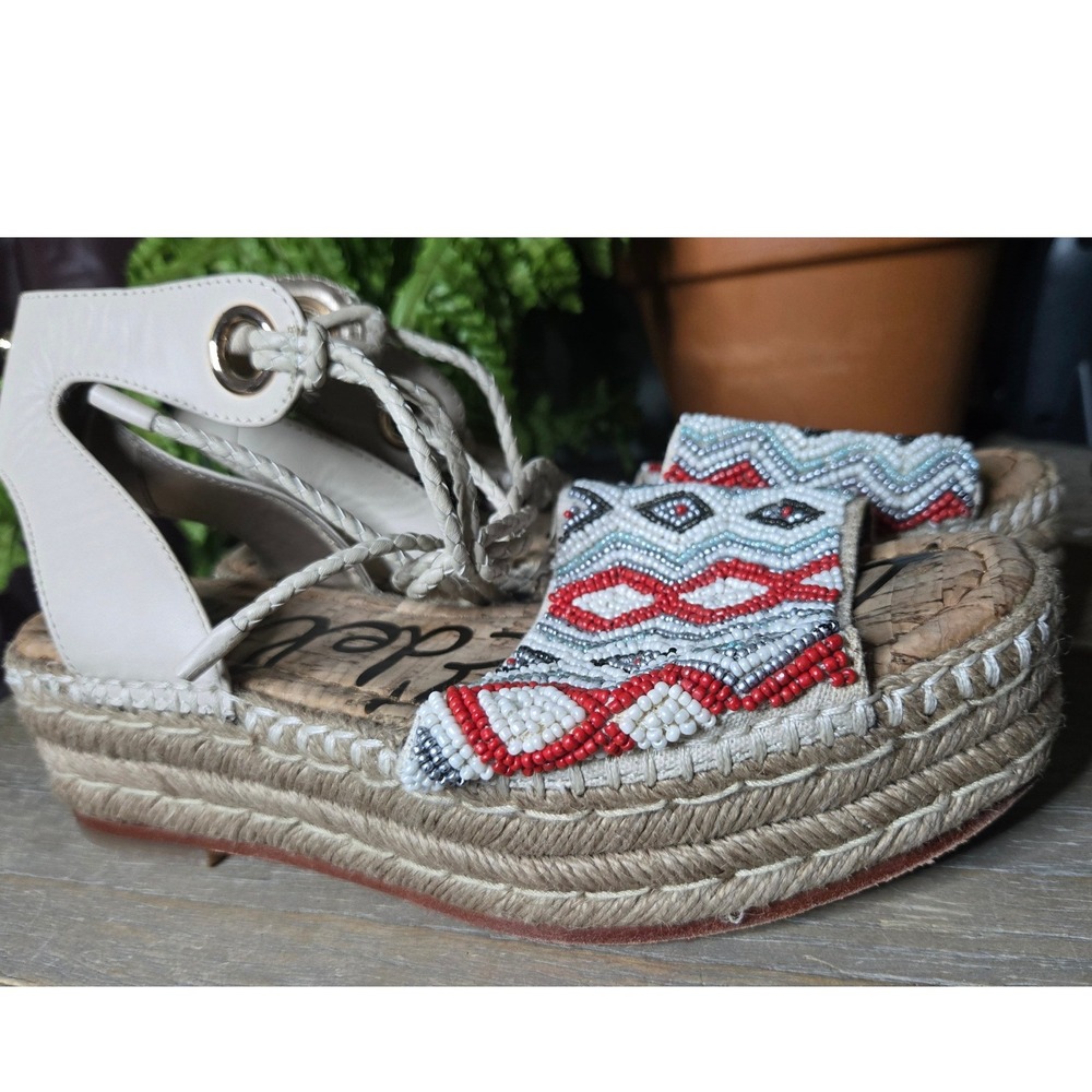 Sam Edelman Beaded Espadrille Platform Sandals Lace-Up Leather Sole Size 6 - Picture 4 of 7